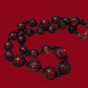 Express Red Black graduated ball black lace wrapped necklace